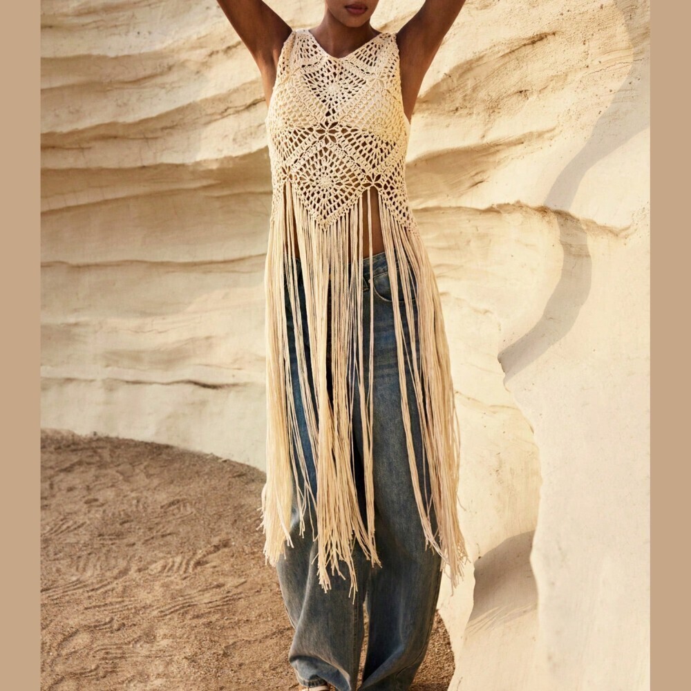 Cream Crochet Halter Fringe Hem Sleeveless Knit Top